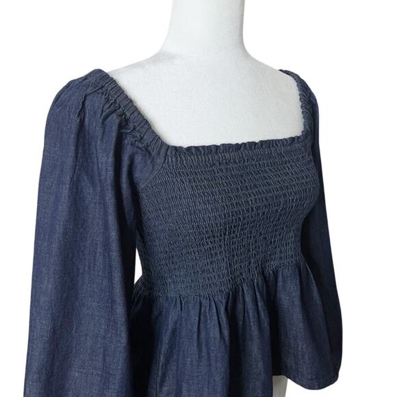 J. Crew Womens Puff-Sleeve Chambray Smocked Top S Blue Peplum Peasant Boho BE570 - Picture 2 of 7